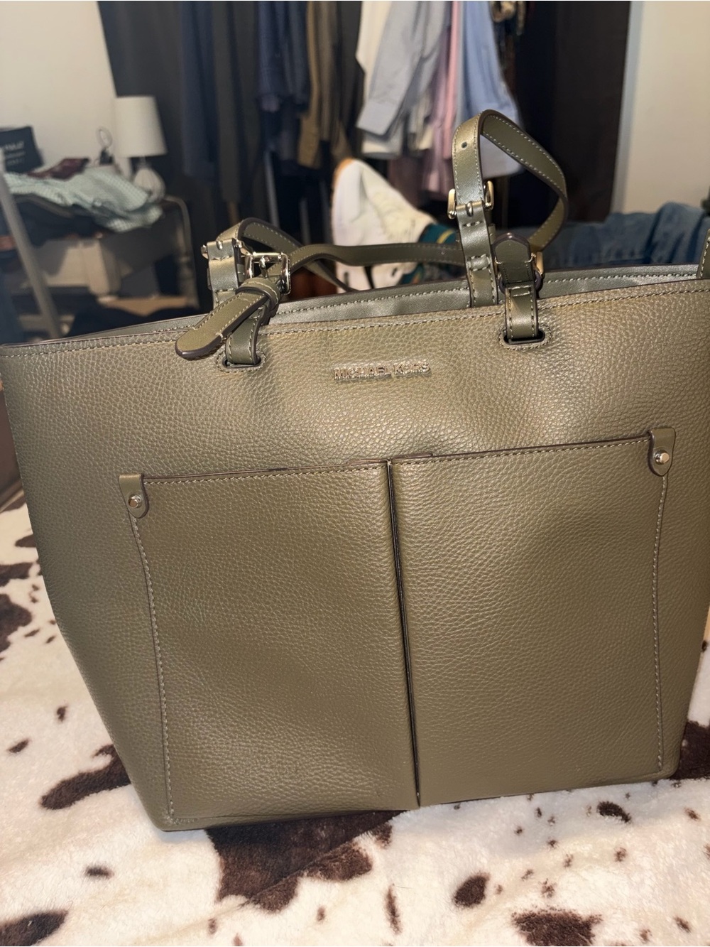 Michael Kors Olive Pebbled Leather Double Pocket Tote